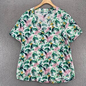 LOFT Top Womens Extra Large Green Fern Floral V Neck Short Sleeve Pullover Tee